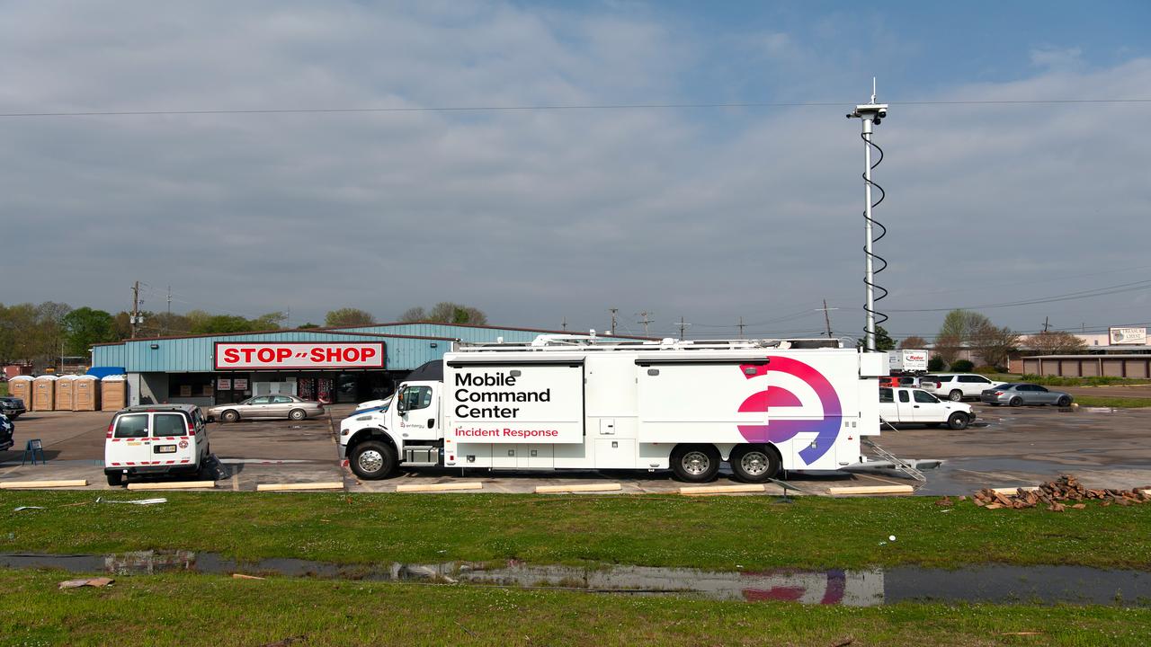 The new mobile command center, shown here parked in Rolling Fork, helped coordinate logistics and restoration efforts following the destructive tornadoes that struck Mississippi in March 2023 and virtually leveled the town of Rolling Fork.